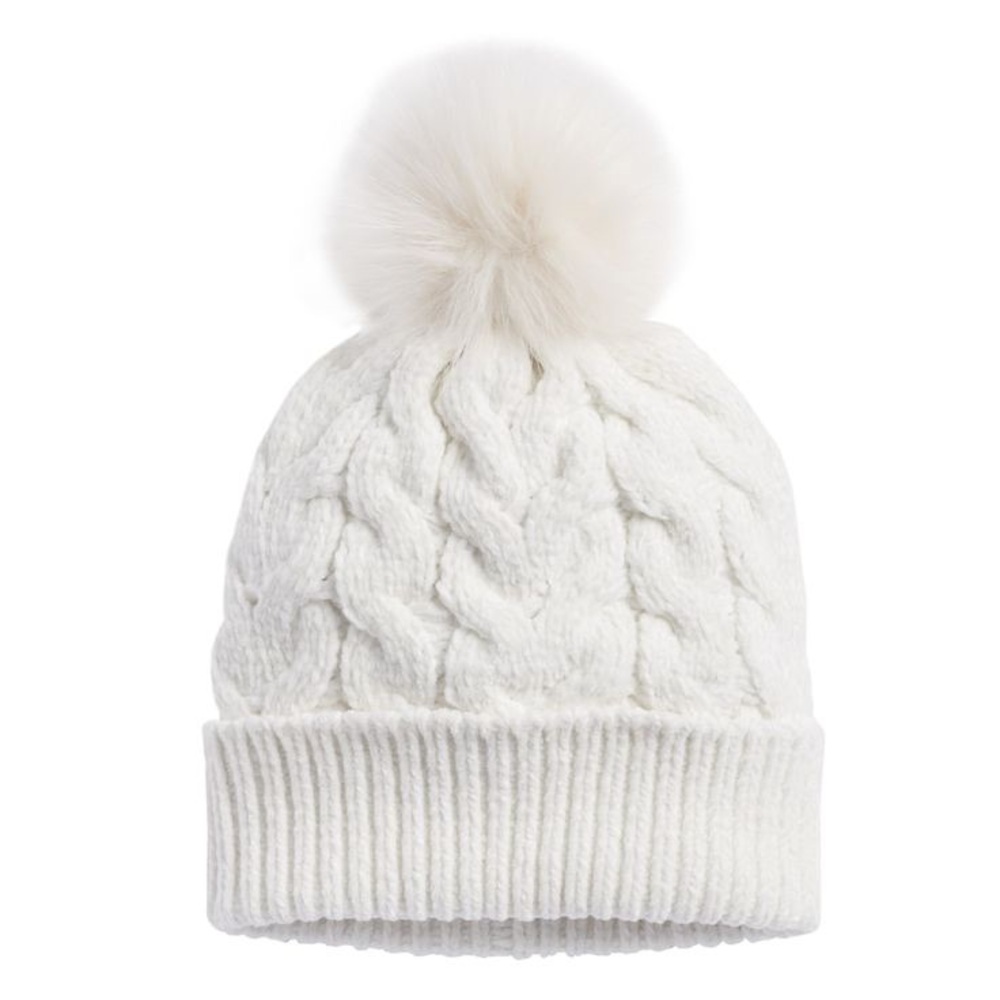 Sonoma White Cable Knit Chenille Beanie Faux Fur Pom Winter Hat Cozy